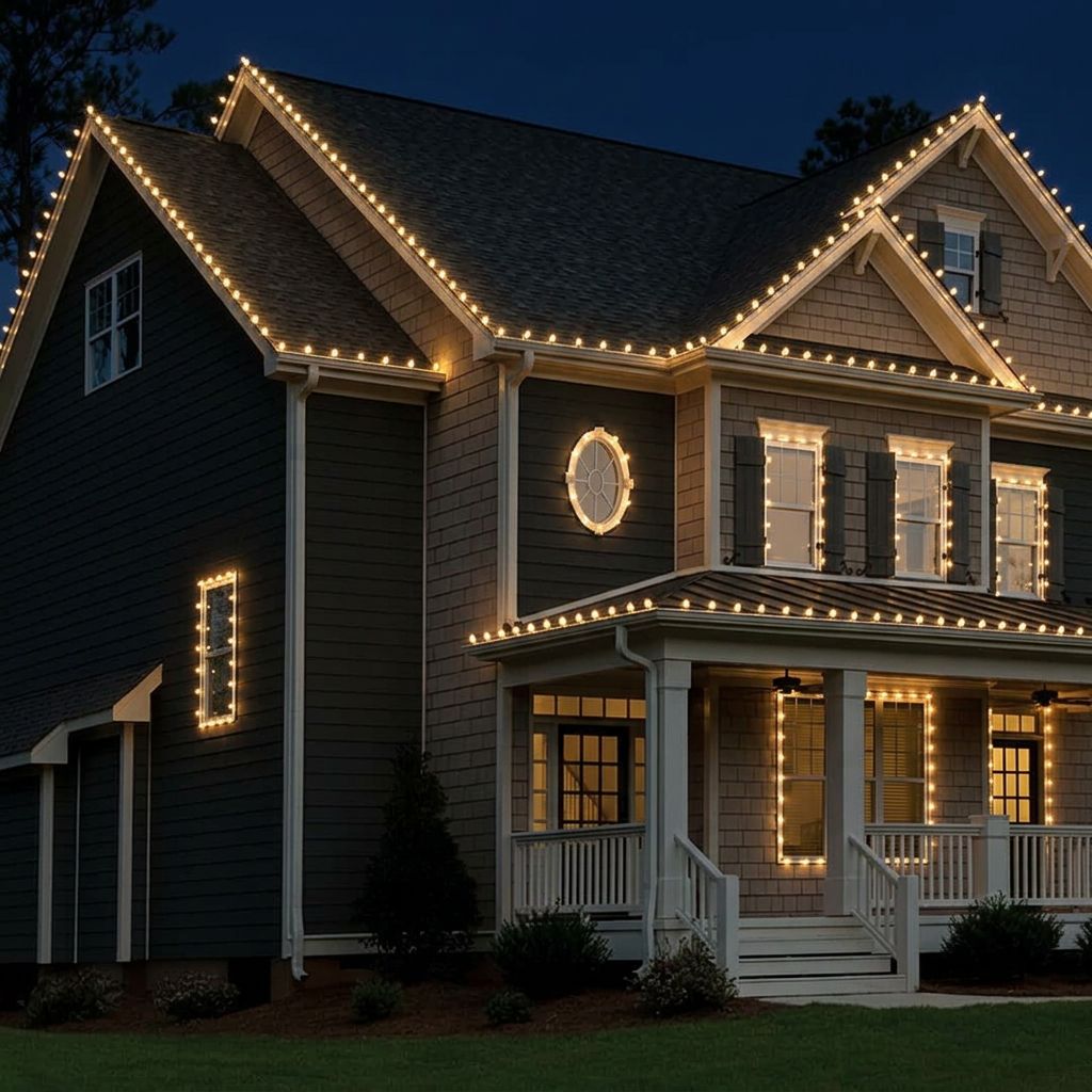 Example of Holiday Lighting, Warm White Classic, Roofline + Windows on a sample home